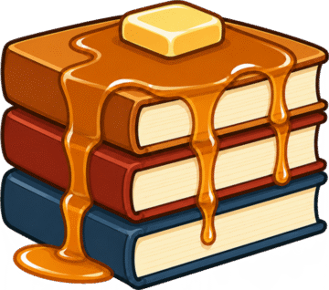 A stack of books drawn as pancakes, topped with butter and dripping syrup
